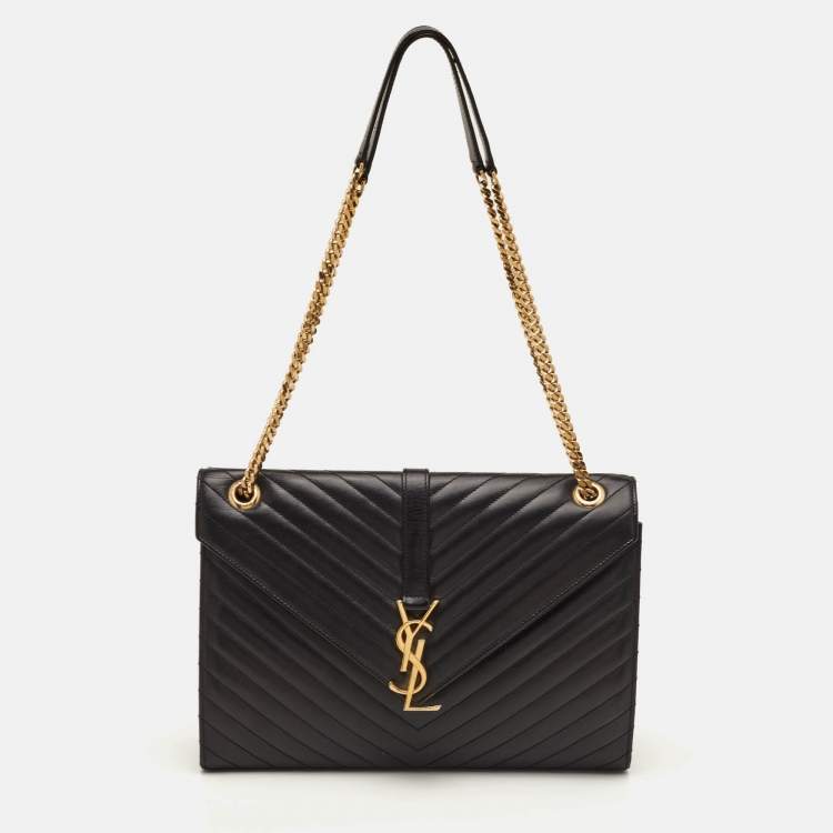 Pre Owned Saint Laurent Envelope Large Black Matelasse Leather Shoulder Bag