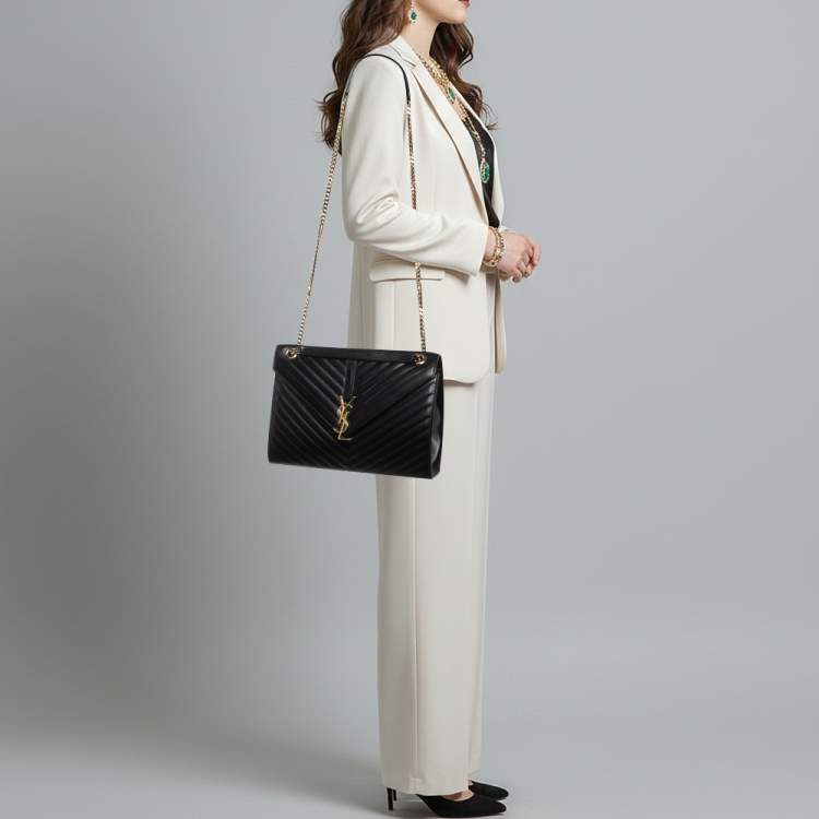 Pre Owned Saint Laurent Envelope Large Black Matelasse Leather Shoulder Bag