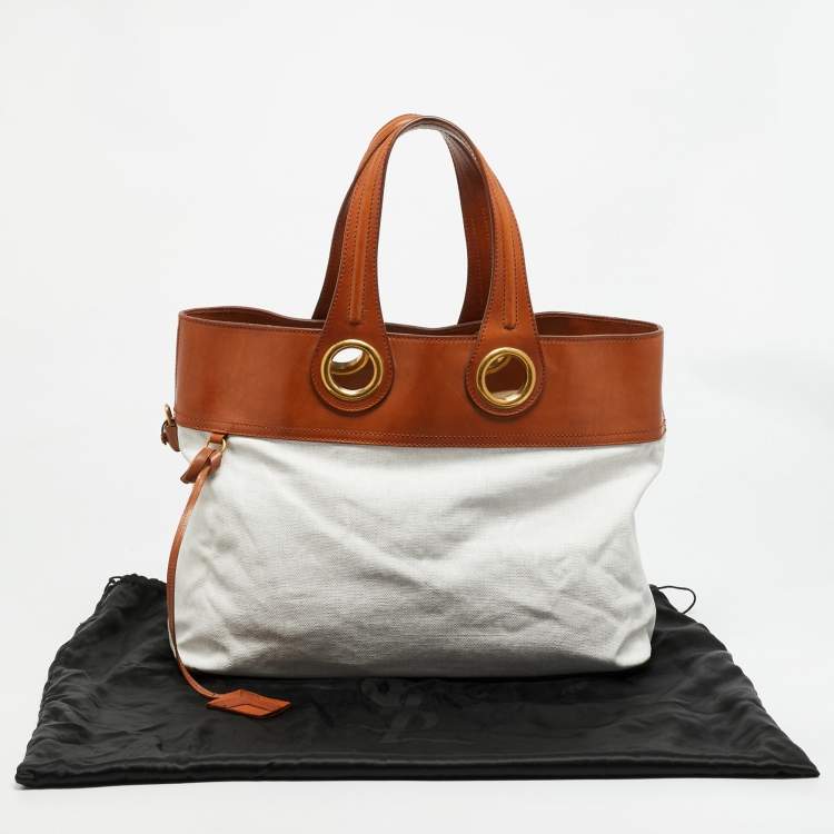 Pre Owned Yves Saint Laurent Sac Palma Tan/White Coated Canvas and Leather Tote