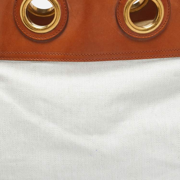 Pre Owned Yves Saint Laurent Sac Palma Tan/White Coated Canvas and Leather Tote