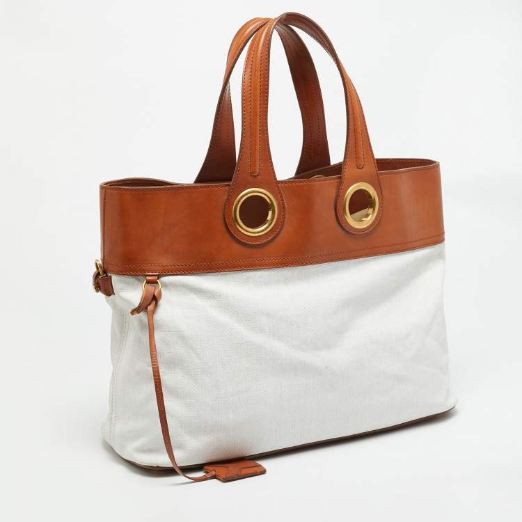 Pre Owned Yves Saint Laurent Sac Palma Tan/White Coated Canvas and Leather Tote