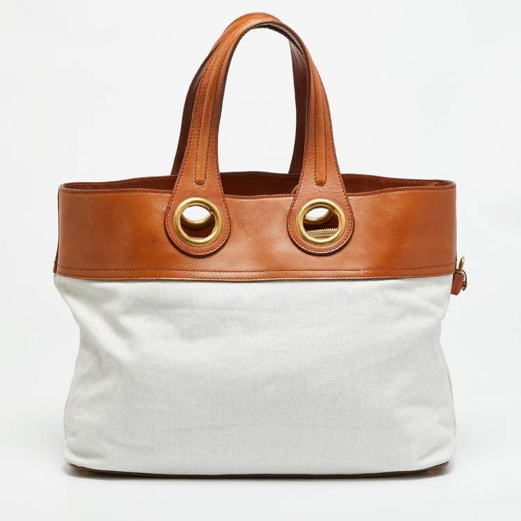 Pre Owned Yves Saint Laurent Sac Palma Tan/White Coated Canvas and Leather Tote