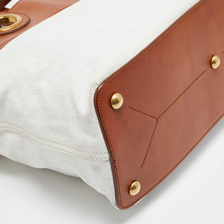 Pre Owned Yves Saint Laurent Sac Palma Tan/White Coated Canvas and Leather Tote