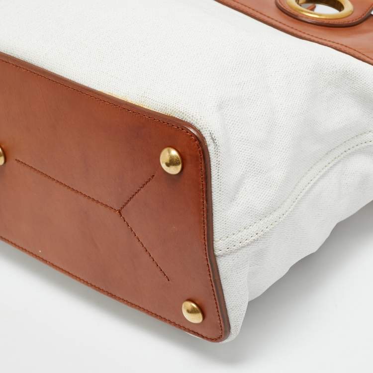 Pre Owned Yves Saint Laurent Sac Palma Tan/White Coated Canvas and Leather Tote