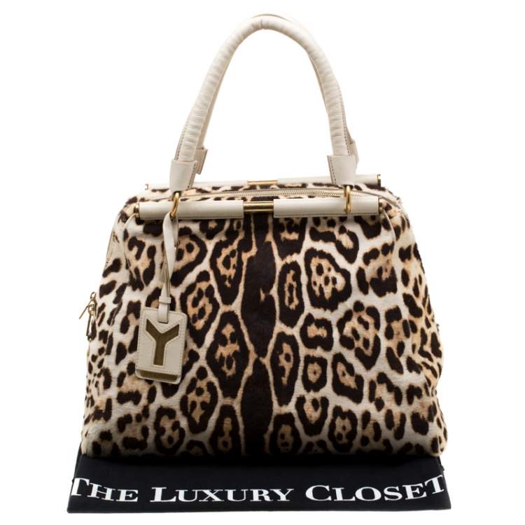 Pre Owned Saint Laurent Paris Beige Leopard Calfhair and Leather Medium Majorelle Satchel