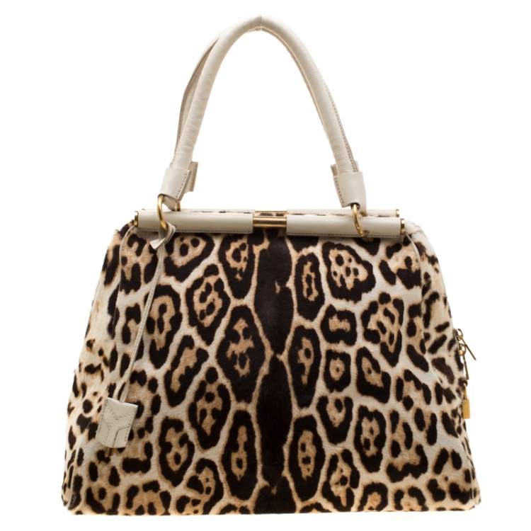 Pre Owned Saint Laurent Paris Beige Leopard Calfhair and Leather Medium Majorelle Satchel
