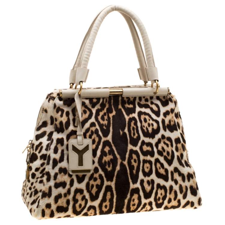 Pre Owned Saint Laurent Paris Beige Leopard Calfhair and Leather Medium Majorelle Satchel