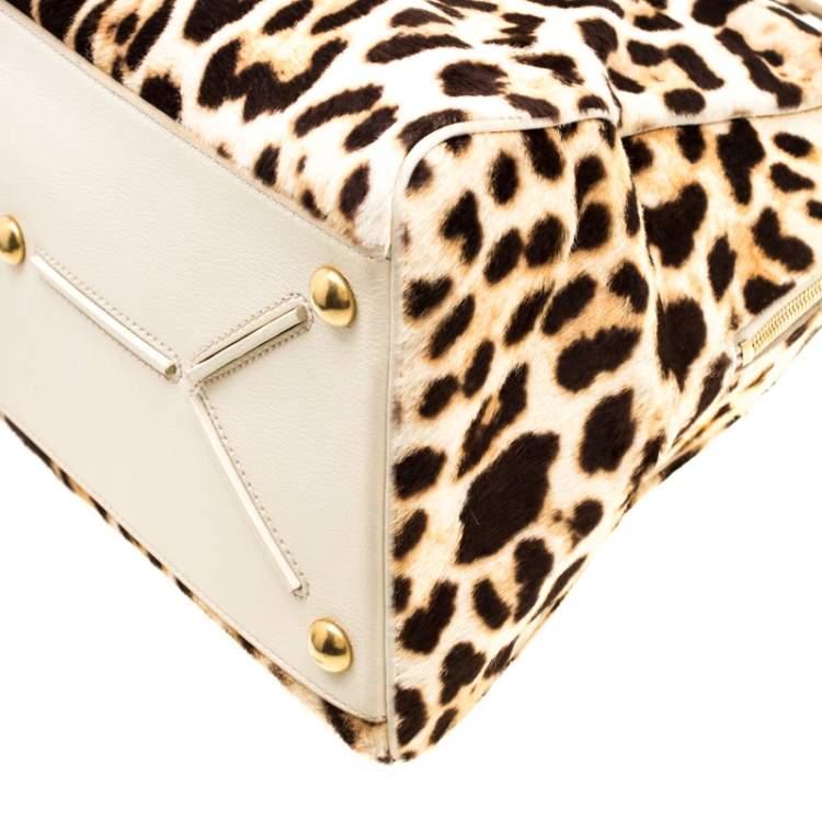 Pre Owned Saint Laurent Paris Beige Leopard Calfhair and Leather Medium Majorelle Satchel