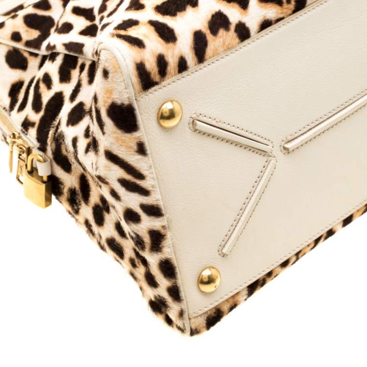 Pre Owned Saint Laurent Paris Beige Leopard Calfhair and Leather Medium Majorelle Satchel
