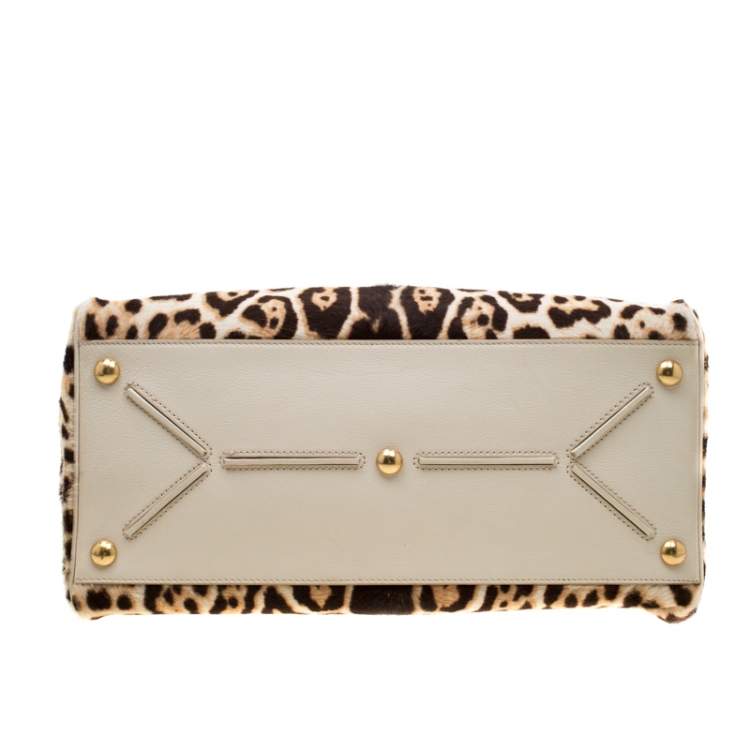 Pre Owned Saint Laurent Paris Beige Leopard Calfhair and Leather Medium Majorelle Satchel