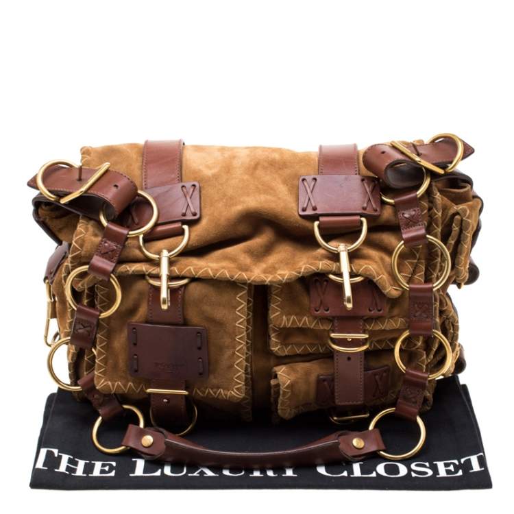 Pre Owned Yves Saint Laurent Brown Stitches Suede And Leather Shoulder Bag