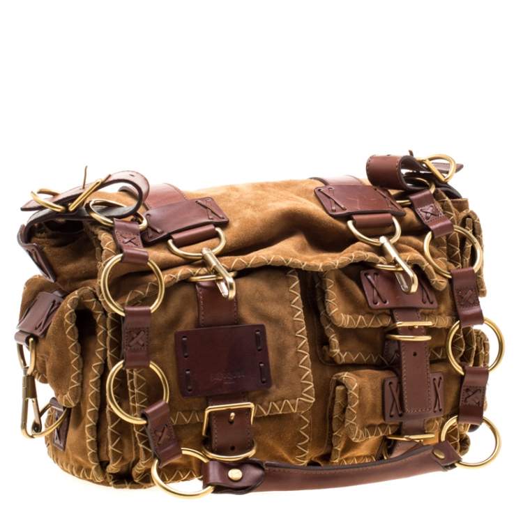 Pre Owned Yves Saint Laurent Brown Stitches Suede And Leather Shoulder Bag