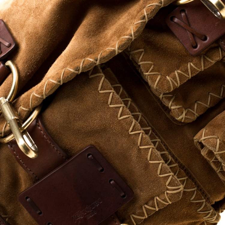 Pre Owned Yves Saint Laurent Brown Stitches Suede And Leather Shoulder Bag