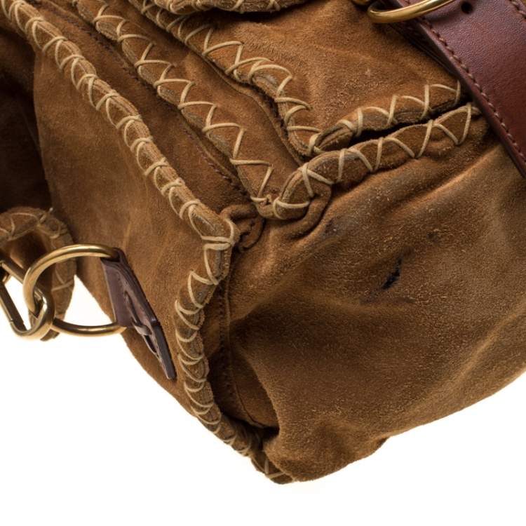Pre Owned Yves Saint Laurent Brown Stitches Suede And Leather Shoulder Bag