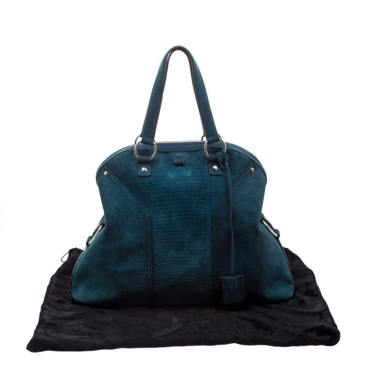 Pre Owned Yves Saint Laurent Dark Green Lizard Embossed Suede Oversized Muse Satchel