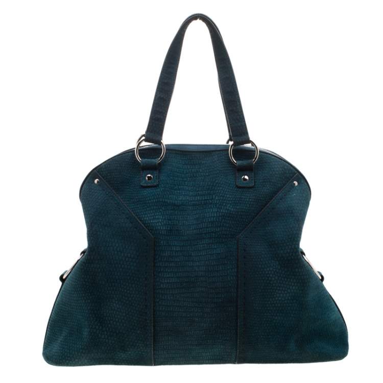 Pre Owned Yves Saint Laurent Dark Green Lizard Embossed Suede Oversized Muse Satchel
