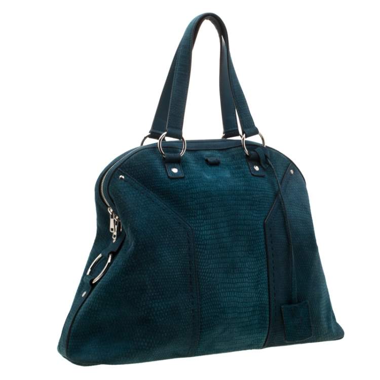 Pre Owned Yves Saint Laurent Dark Green Lizard Embossed Suede Oversized Muse Satchel