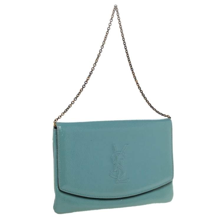 Pre Owned Yves Saint Laurent Pale Green Patent Leather Chain Clutch