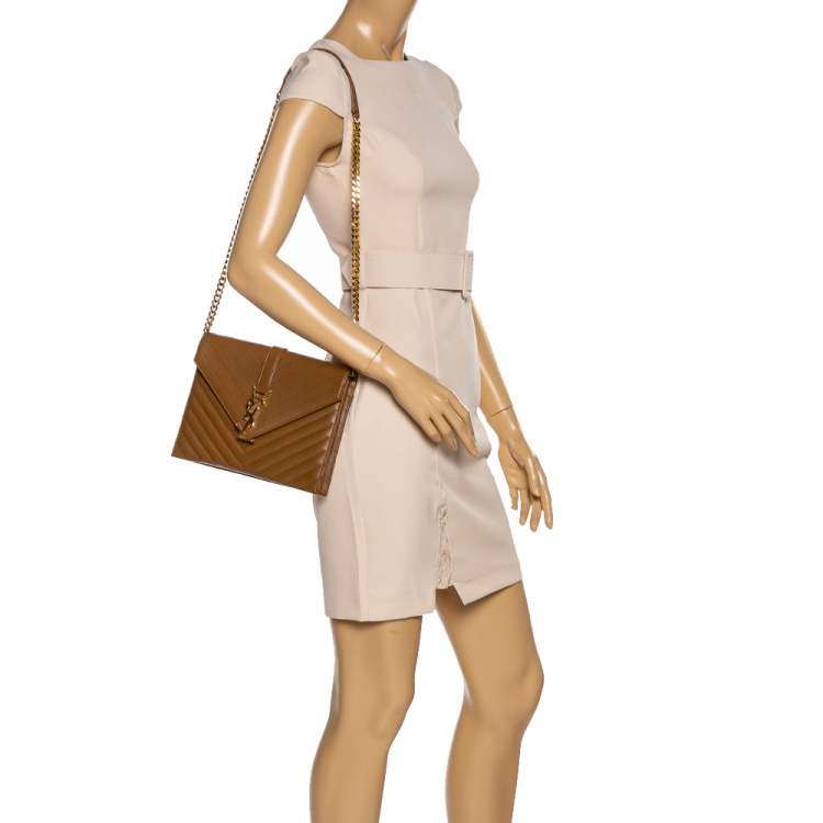 Pre Owned Saint Laurent Tan Matelasse Leather Monogram Chain Clutch