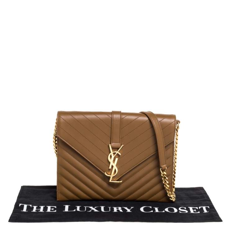 Pre Owned Saint Laurent Tan Matelasse Leather Monogram Chain Clutch