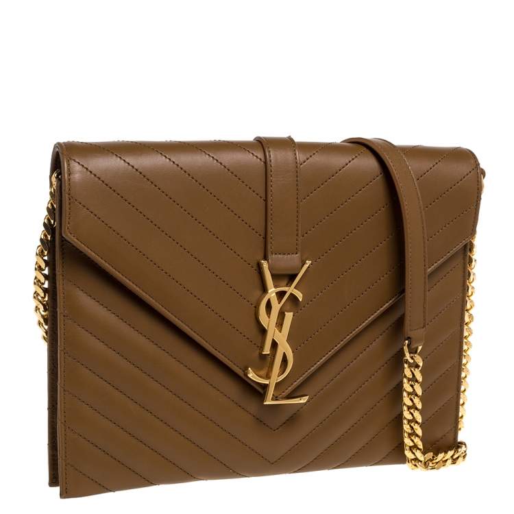 Pre Owned Saint Laurent Tan Matelasse Leather Monogram Chain Clutch