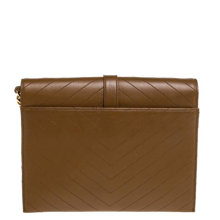 Pre Owned Saint Laurent Tan Matelasse Leather Monogram Chain Clutch