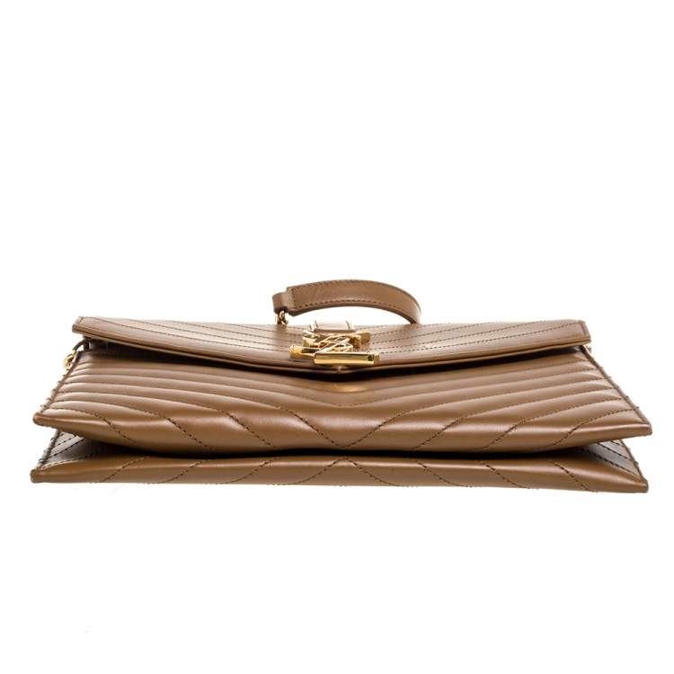 Pre Owned Saint Laurent Tan Matelasse Leather Monogram Chain Clutch