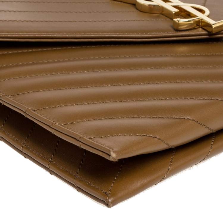 Pre Owned Saint Laurent Tan Matelasse Leather Monogram Chain Clutch