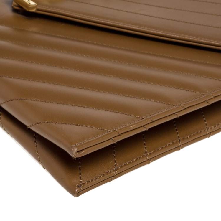 Pre Owned Saint Laurent Tan Matelasse Leather Monogram Chain Clutch