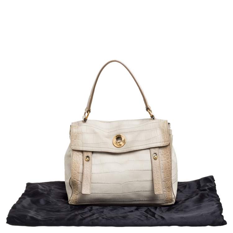 Pre Owned Yves Saint Laurent Cream Croc Embossed Leather Medium Muse Two Satchel