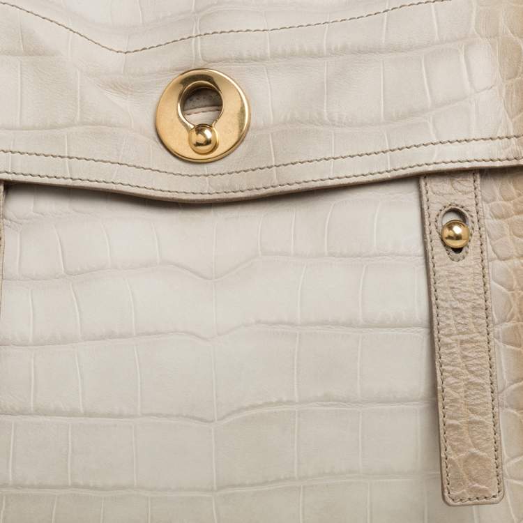 Pre Owned Yves Saint Laurent Cream Croc Embossed Leather Medium Muse Two Satchel