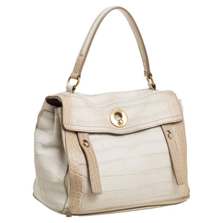 Pre Owned Yves Saint Laurent Cream Croc Embossed Leather Medium Muse Two Satchel