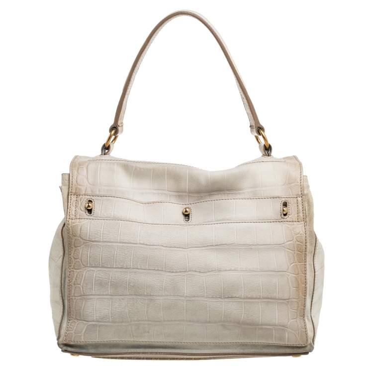 Pre Owned Yves Saint Laurent Cream Croc Embossed Leather Medium Muse Two Satchel