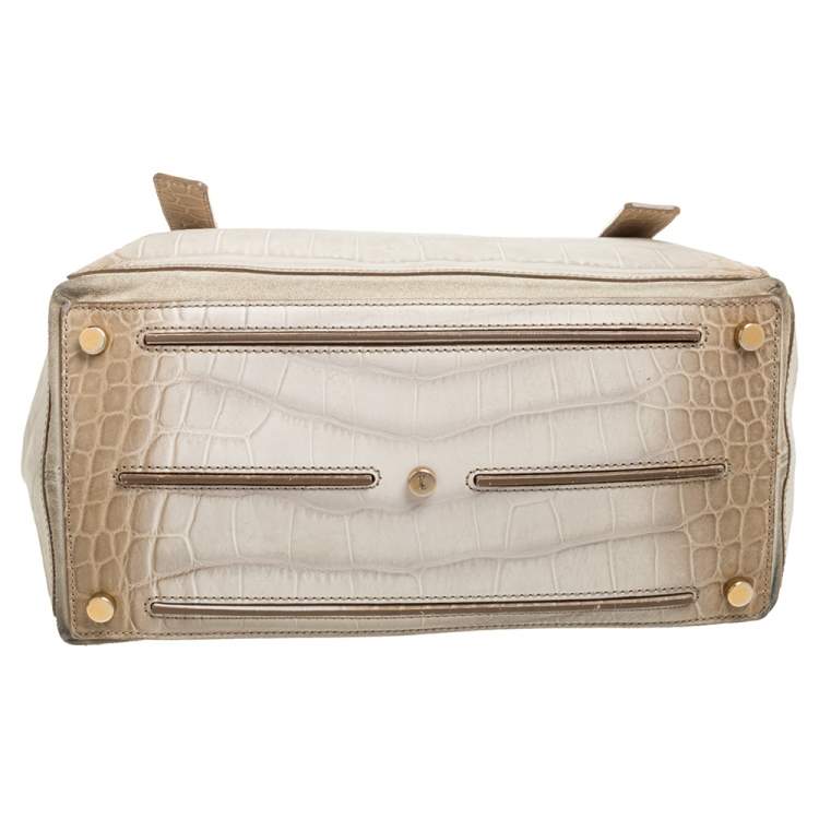 Pre Owned Yves Saint Laurent Cream Croc Embossed Leather Medium Muse Two Satchel