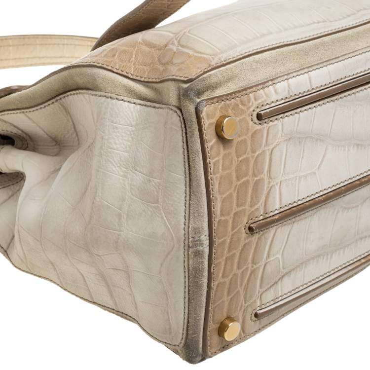 Pre Owned Yves Saint Laurent Cream Croc Embossed Leather Medium Muse Two Satchel