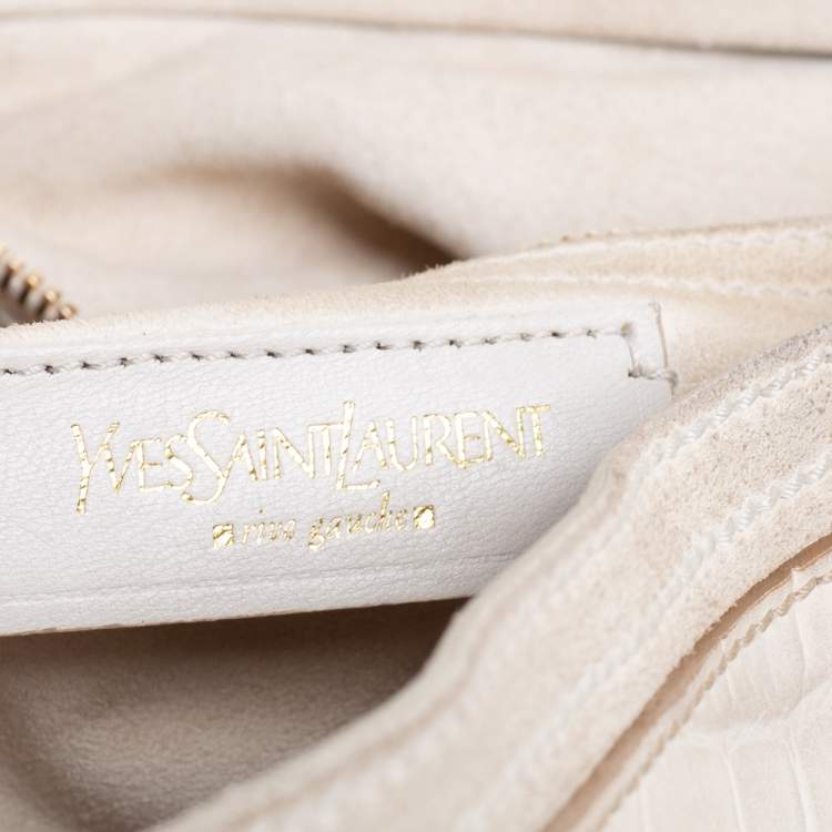Pre Owned Yves Saint Laurent Cream Croc Embossed Leather Medium Muse Two Satchel