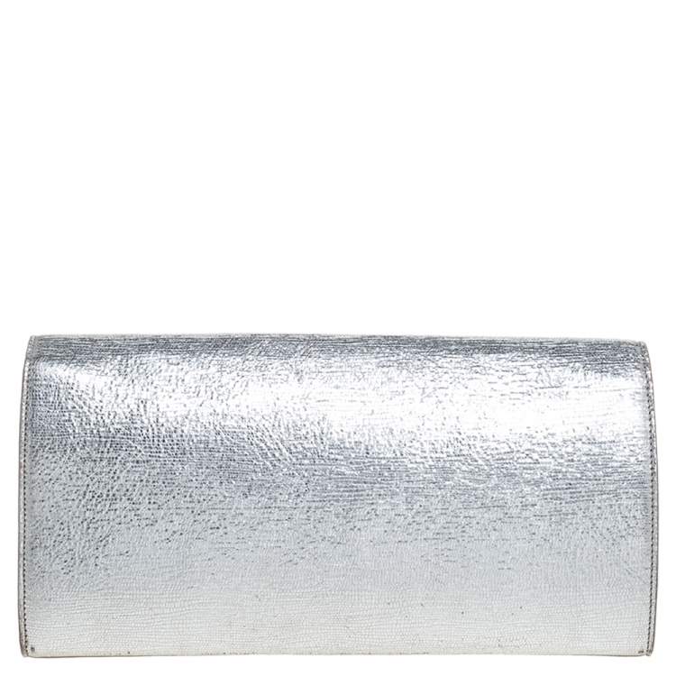 Pre Owned Saint Laurent Metallic Silver Textured Leather Monogram Clutch