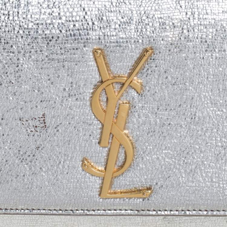 Pre Owned Saint Laurent Metallic Silver Textured Leather Monogram Clutch