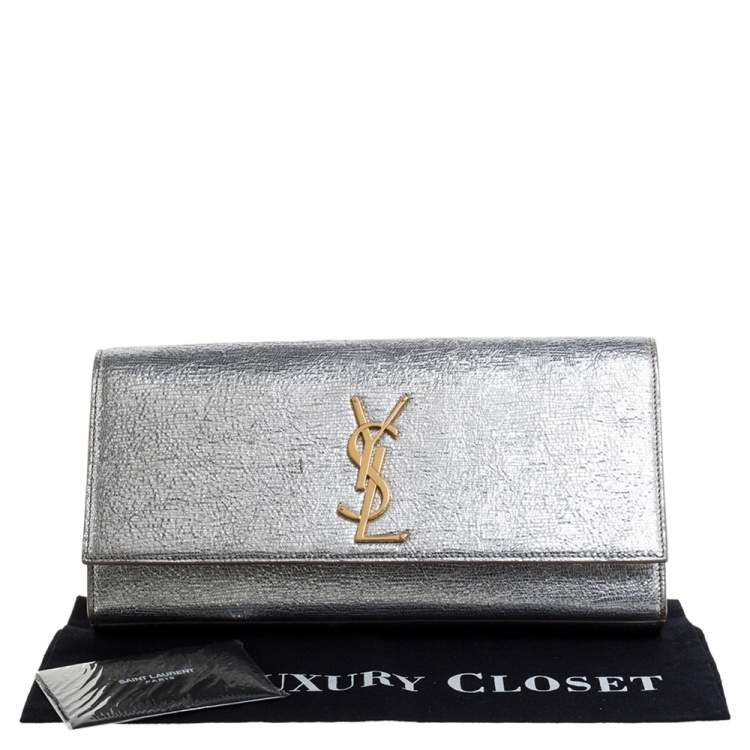 Pre Owned Saint Laurent Metallic Silver Textured Leather Monogram Clutch