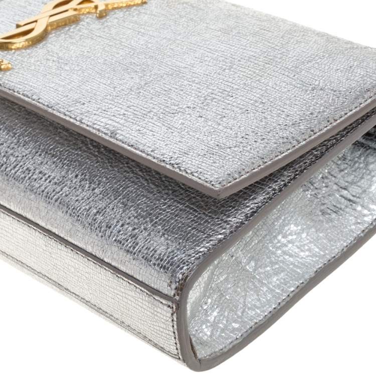 Pre Owned Saint Laurent Metallic Silver Textured Leather Monogram Clutch