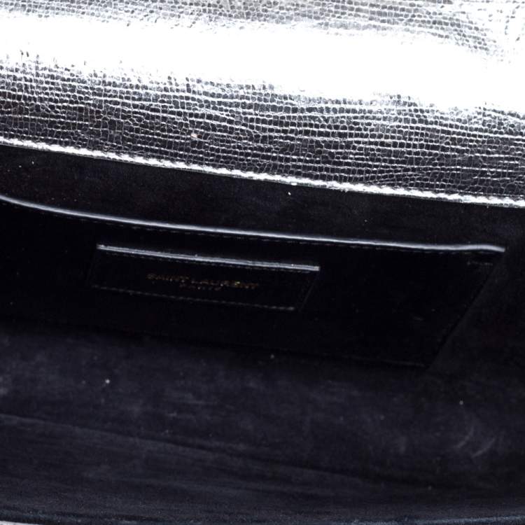 Pre Owned Saint Laurent Metallic Silver Textured Leather Monogram Clutch