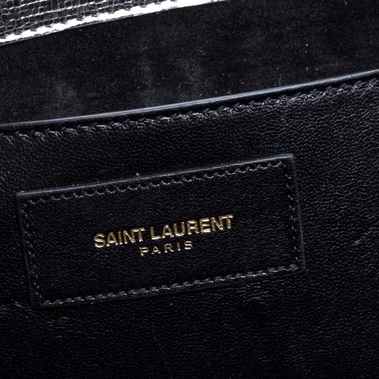 Pre Owned Saint Laurent Metallic Silver Textured Leather Monogram Clutch