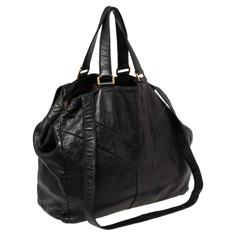 Pre Owned Yves Saint Laurent Black Leather Double Sac Y Tote