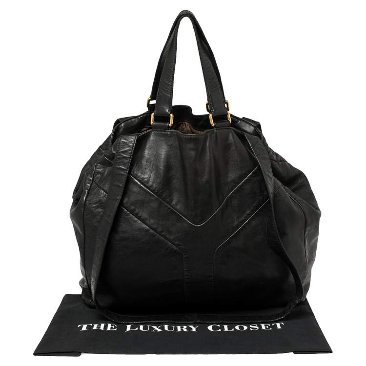 Pre Owned Yves Saint Laurent Black Leather Double Sac Y Tote