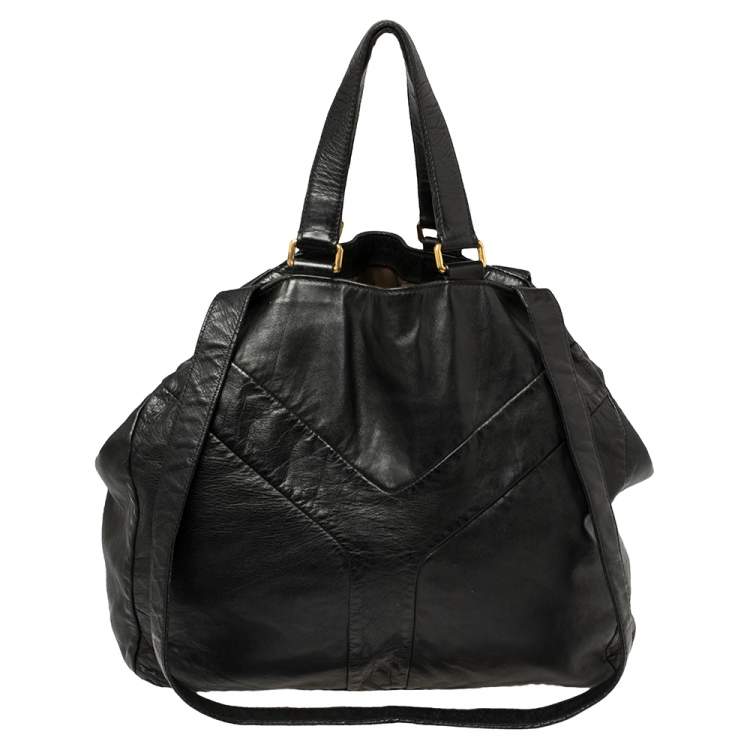 Pre Owned Yves Saint Laurent Black Leather Double Sac Y Tote