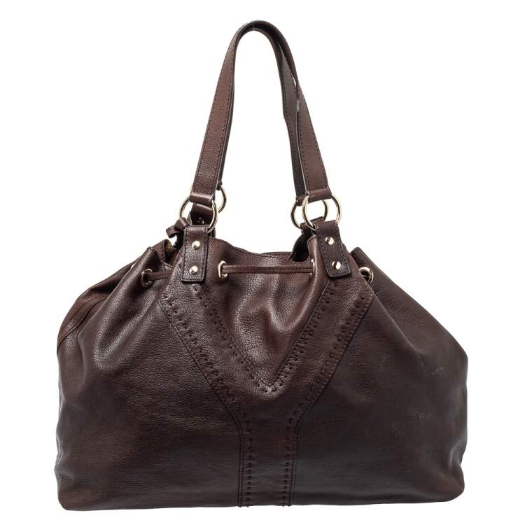 Pre Owned Yves Saint Laurent Brown/Metallic Gold Leather Reversible Double Sac Y Tote