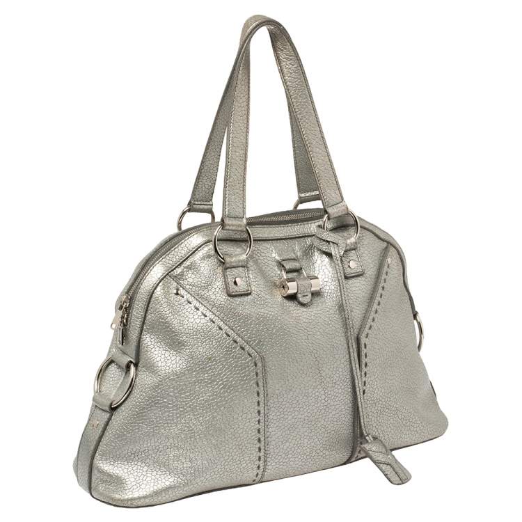 Pre Owned Yves Saint Laurent Metallic Silver Textured Leather Muse Bag