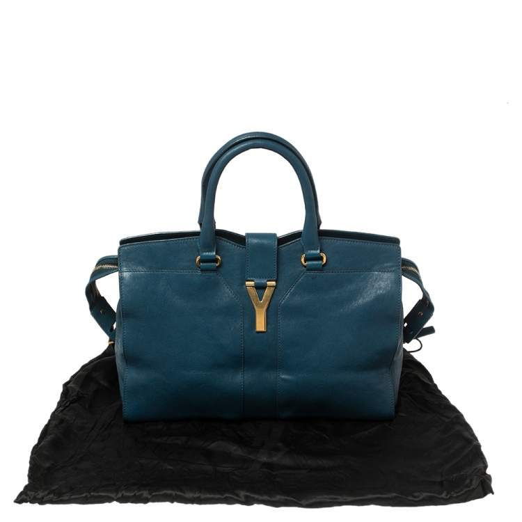 Pre Owned Yves Saint Laurent Paris Teal Blue Leather Large Y Cabas Chyc Tote