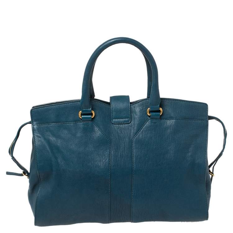Pre Owned Yves Saint Laurent Paris Teal Blue Leather Large Y Cabas Chyc Tote