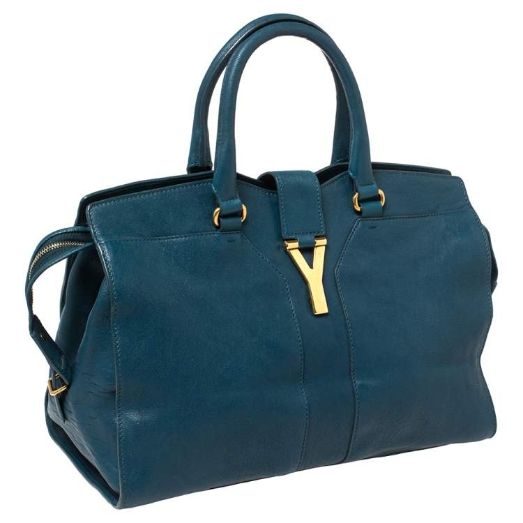 Pre Owned Yves Saint Laurent Paris Teal Blue Leather Large Y Cabas Chyc Tote
